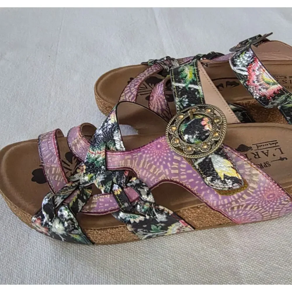 L'Artiste Women's Pink Navy Spring Step Swan Slide Sandals 41 10 Leather Floral - Picture 4 of 8